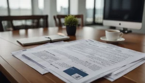 Einige Dokumente liegen auf einem Arbeitsplatz. Im Hintergrund lässt sich ein iMac erkennen und eine Kaffeetasse.