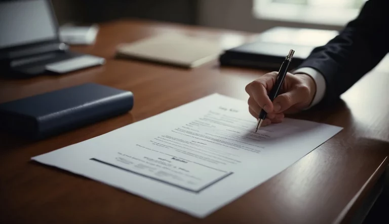 Dieses Bild zeigt die Beurkundung eines Immobilienkaufvertrags bei einem Notar. Es wird mit einem dokumentenechten Kugelschreiber auf dem Vertrag im Beisein des Notars unterschrieben.