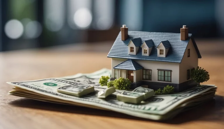 Ein Haus steht auf einem zerrissenen Geldschein als Methapher für den Einfluss des Leitzinses auf den Immobilienmarkt
