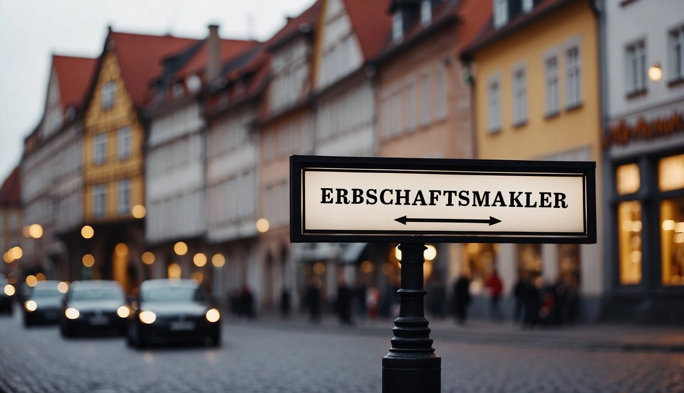 Ein Schild "Erbschaftsmakler in Pinneberg" steht in einer wenig befahrenen Einkaufsstraße in Pinneberg.