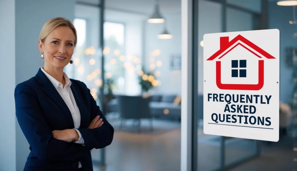 Eine Maklerin steht vor einem 'Häufig gestellte Fragen'-Schild mit einem Haus-Icon und einer Überschrift 'Wohnung in Schenefeld vermieten'.