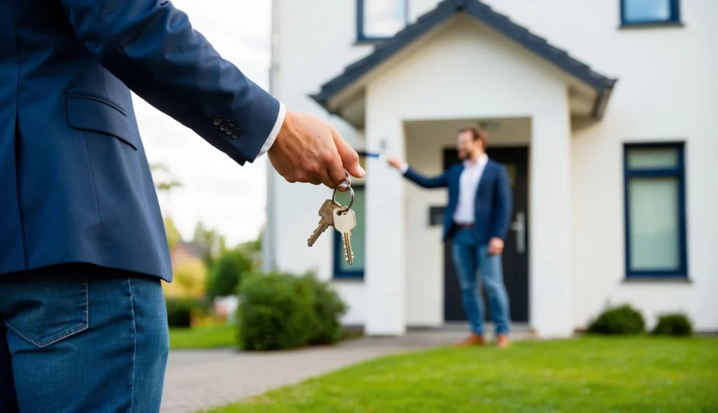 Ein Vermieter übergibt einem neuen Mieter die Schlüssel vor einer Mietimmobilie in Schenefeld