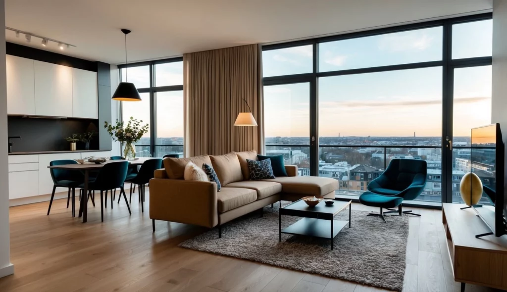 Eine Wohnung in Schenefeld mit einem gemütlichen Wohnzimmer, einer modernen Küche und einem geräumigen Schlafzimmer mit großen Fenstern und Blick auf die Stadt.