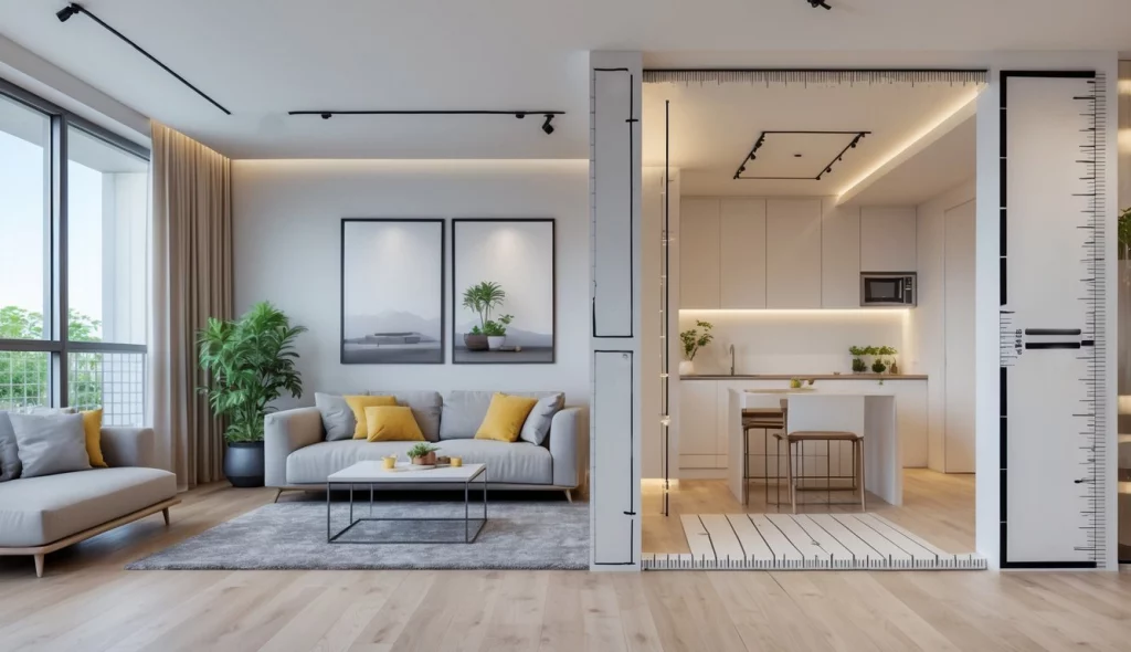 Ein modernes Apartment mit einem Wohnzimmer und einem angrenzenden Abstellraum, gut beleuchtet und klar getrennt.