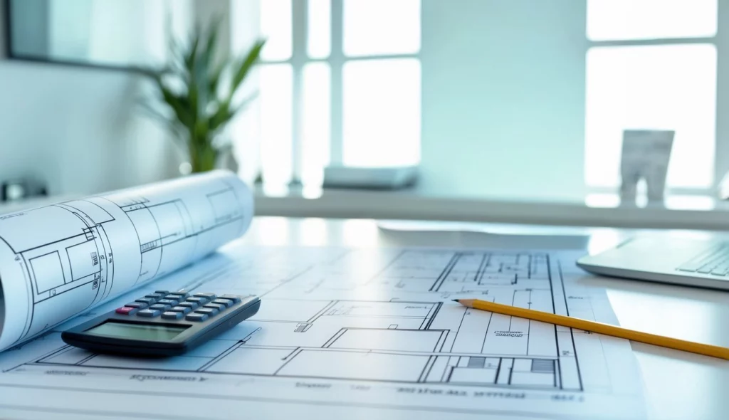 Person zeigt auf einen Architekturplan auf einem Schreibtisch mit Taschenrechner und Lineal in einem Büro.
