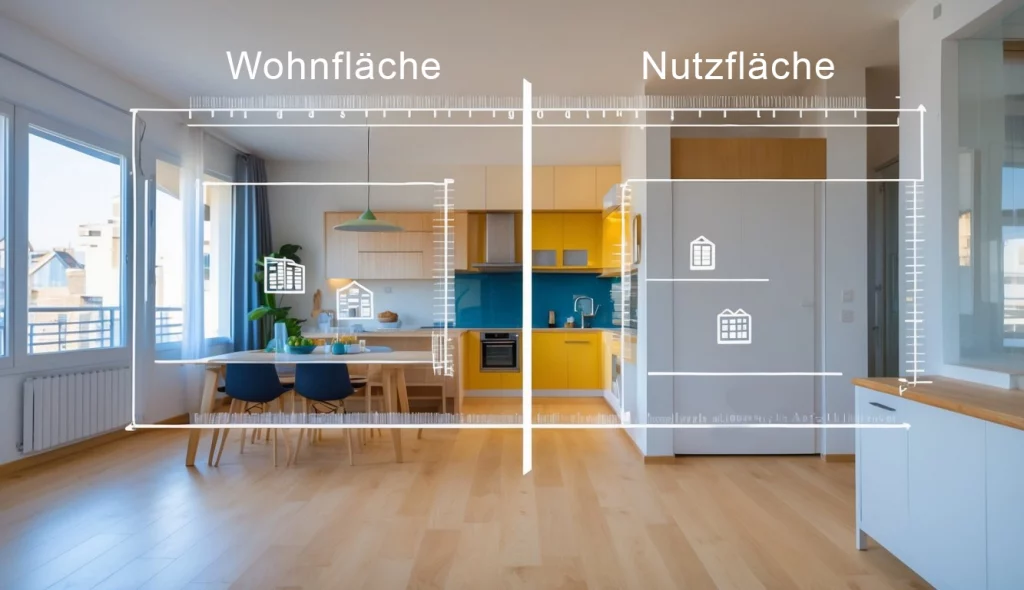 Innenansicht einer modernen Wohnung mit verschiedenen Bereichen, die Wohnfläche und Nutzfläche darstellen.