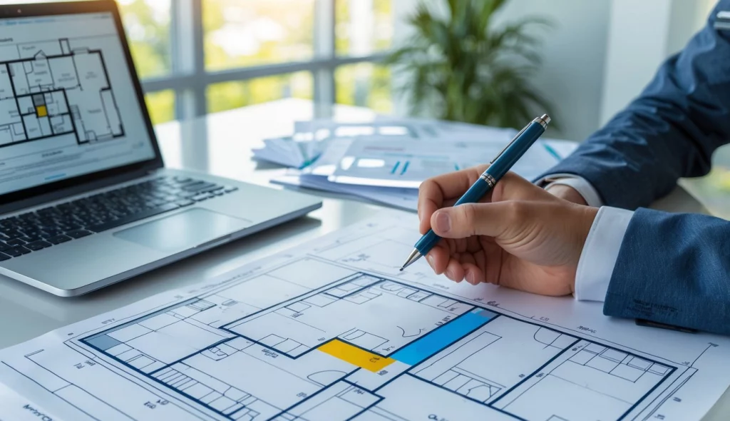 Ein Schreibtisch mit einem Architekturplan, auf dem eine Hand verschiedene Bereiche zeigt, um den Unterschied zwischen Wohnfläche und Nutzfläche zu verdeutlichen.