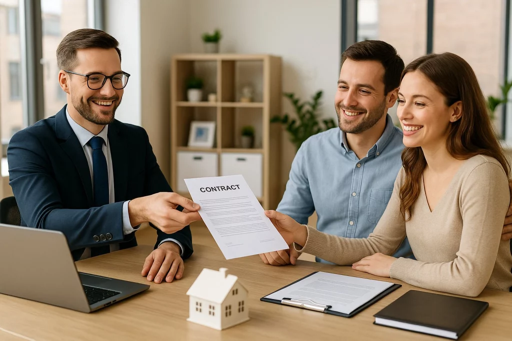 Ein Immobilienmakler übergibt einem Paar in einem Büro einen Vertrag zum Immobilienkauf.