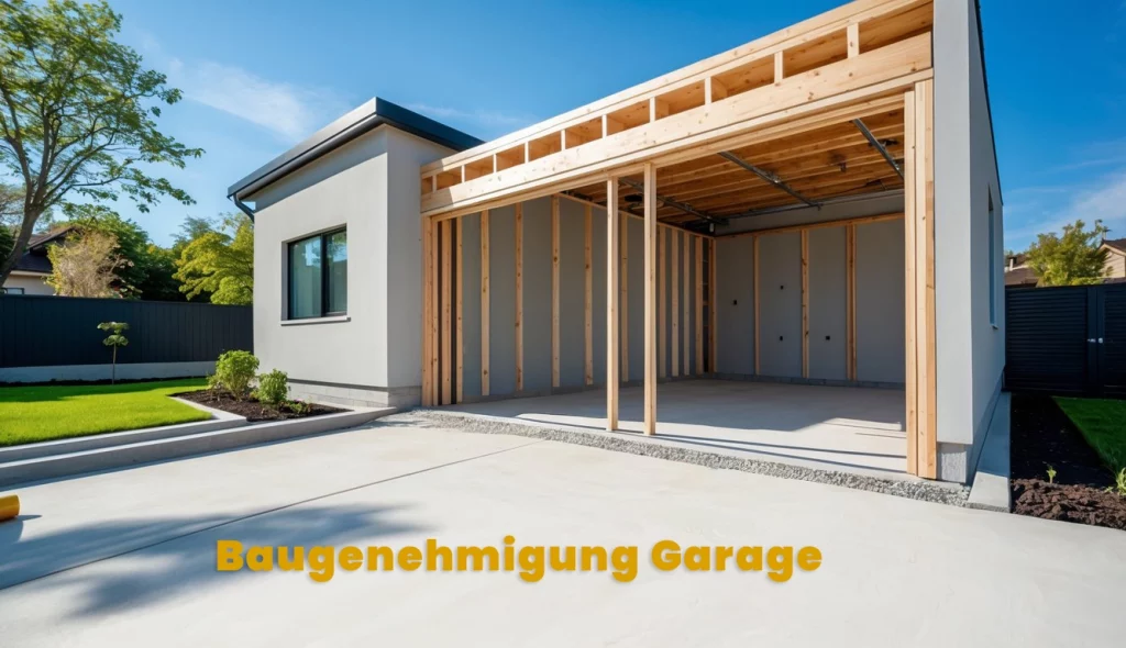 Eine teilweise gebaute Garage an einem modernen Haus mit Baumaterialien und Bauwerkzeugen im Freien.