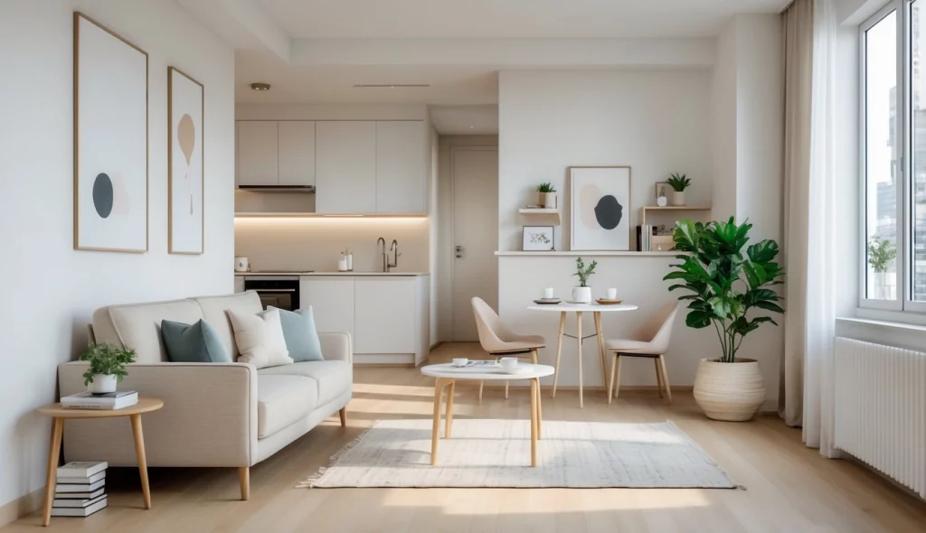 Helles und modernes Einzimmerapartment mit Sofa, Esstisch und Küchenzeile, das eine erste Kapitalanlage darstellt.