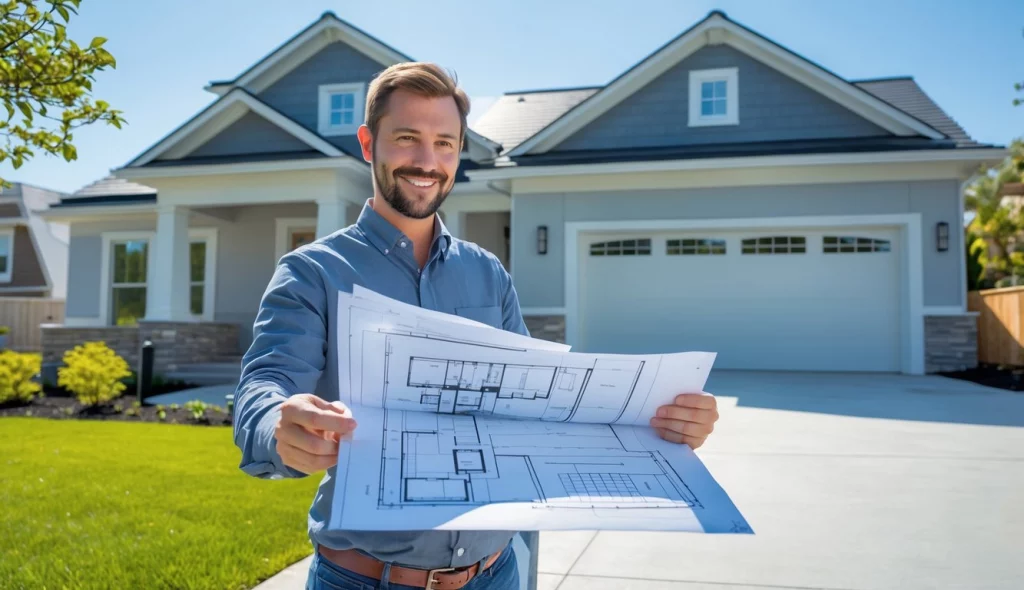 Person steht vor einem modernen Haus mit neu gebauter Garage und hält Baupläne in der Hand.