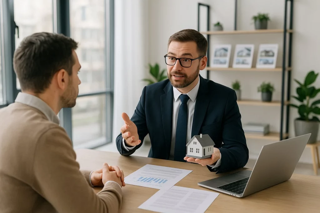 Ein Immobilienmakler berät einen Kunden im Büro zum Thema Kapitalanlage kaufen.