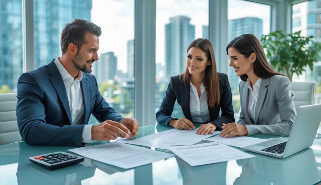 Ein Immobilienmakler und ein junges Paar sitzen an einem Tisch und besprechen Immobilienunterlagen in einem hellen Büro mit Blick auf die Stadt.