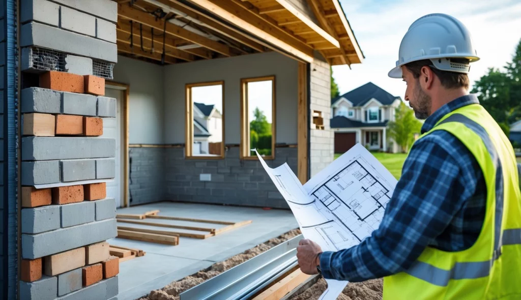 Eine Baustelle für eine Garage neben einem Wohnhaus mit einem Bauarbeiter, der Baupläne überprüft.