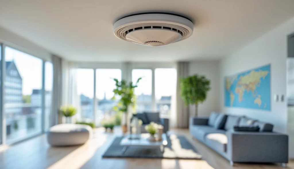 Wohnzimmer mit Rauchmelder an der Decke und modernen Möbeln in einer Wohnung in Hamburg.