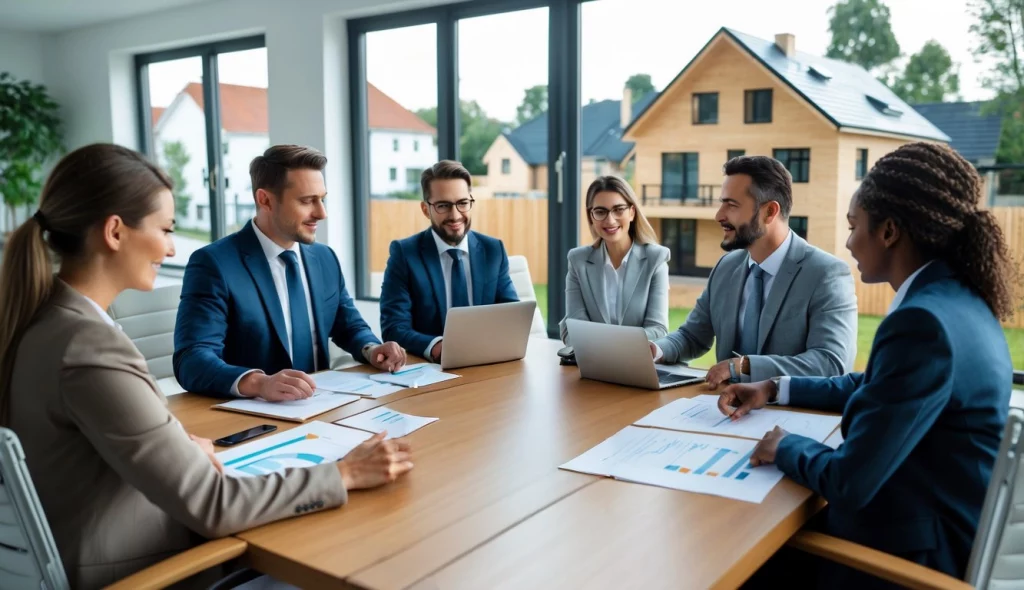 Mehrere Fachleute sitzen an einem Tisch und besprechen Unterlagen zu einer geerbten Immobilie in einem hellen Büro mit Blick auf eine Wohngegend.