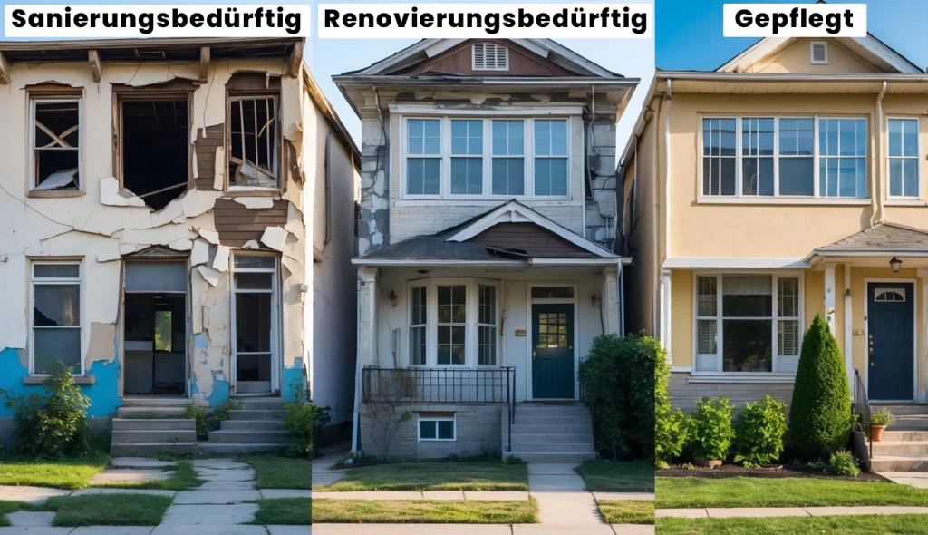 Drei nebeneinander stehende Häuser, eines stark beschädigt, eines renovierungsbedürftig, und eines gepflegt.