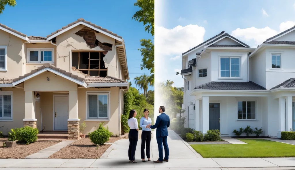 Ein geteiltes Bild eines Hauses, links mit Schäden und Renovierungsbedarf, rechts gepflegt, mit einem Immobilienmakler, der einem Paar das Haus zeigt.