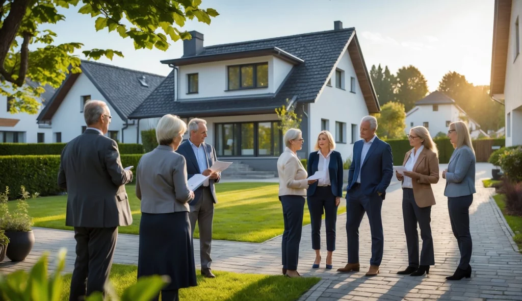 Eine Gruppe von Erwachsenen diskutiert vor einem modernen Wohnhaus in Pinneberg über Entscheidungen zur Erbschaftsimmobilie.