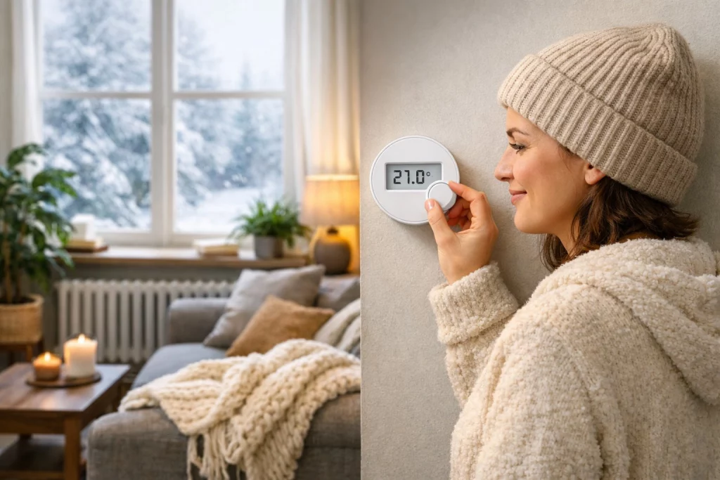 Person stellt Thermostat in einem gemütlichen Wohnzimmer mit verschneiter Winterlandschaft draußen ein.
