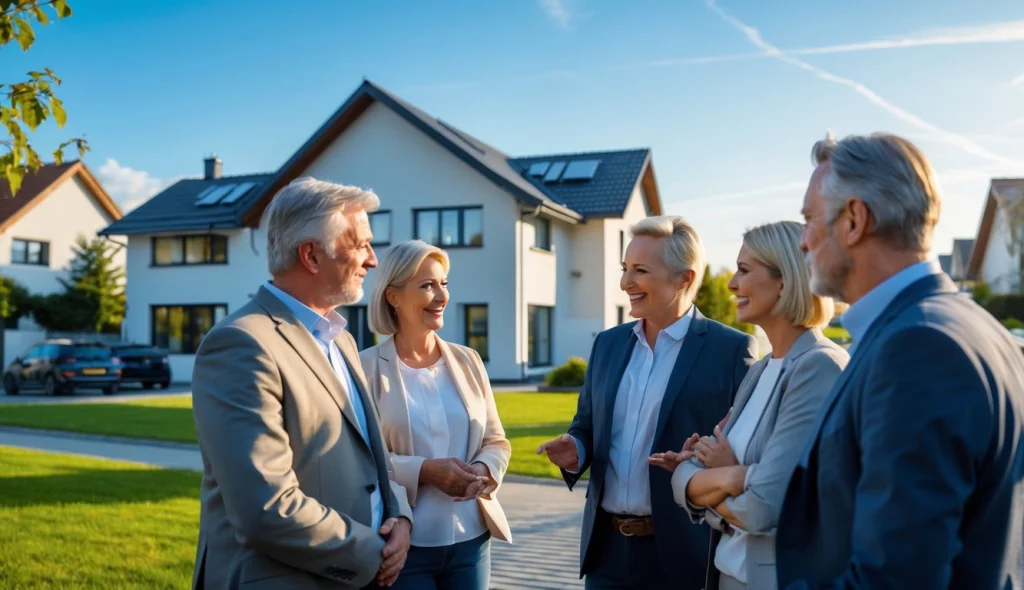 Eine Gruppe von Erwachsenen steht vor einem modernen Wohnhaus und führt ein Gespräch.