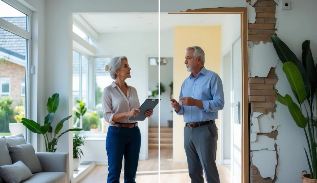 Ein Paar begutachtet in einem Wohnzimmer den Zustand eines Hauses mit renovierten und renovierungsbedürftigen Bereichen.