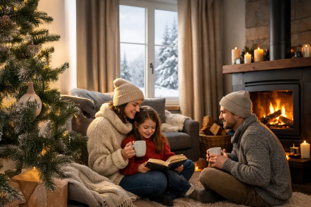 Eine gemütliche Wohnzimmerszene im Winter mit einer Familie nahe einem Heizgerät und einem Fenster mit Schneelandschaft draußen.