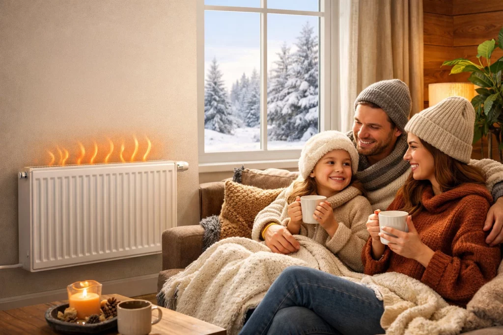 Ein gemütliches Wohnzimmer im Winter mit einem modernen Heizsystem, einer Familie und einem Fenster mit Schneelandschaft draußen.