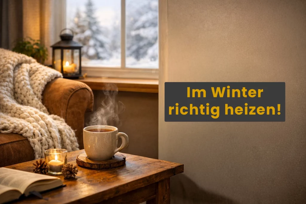 In einem gemütlichen Wohnzimmer mit Blick auf verschneite Landschaft steht der Blog Artikel Titel Richtig Heizen im Winter