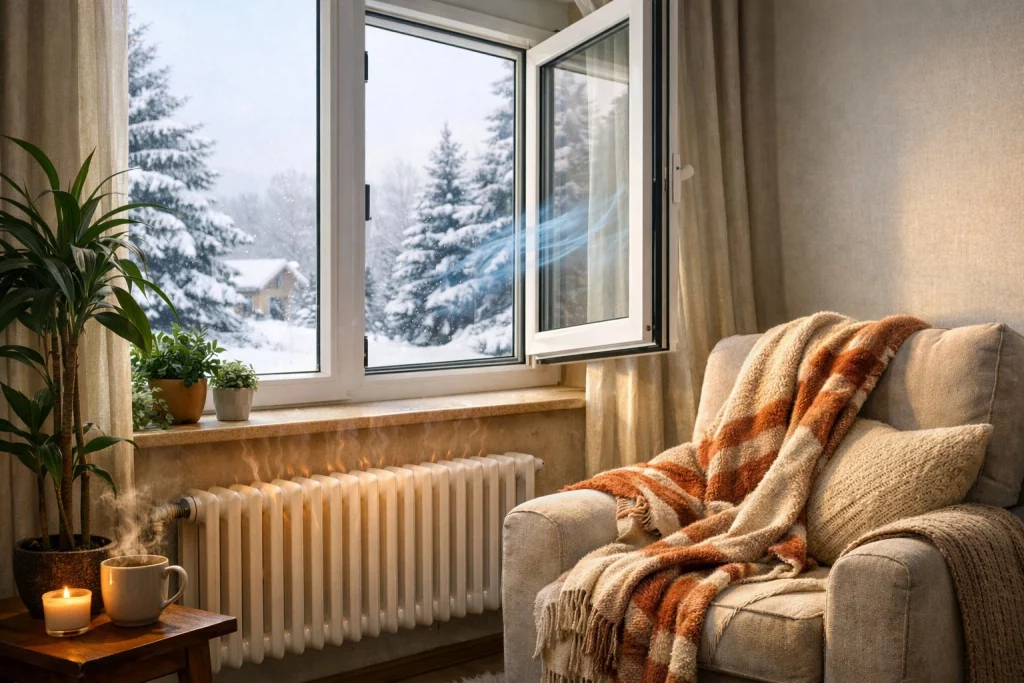 Wohnzimmer mit geöffnetem Fenster und eingeschaltetem Heizkörper im Winter, draußen ist Schnee zu sehen.