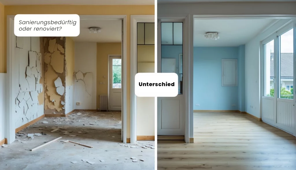 Geteilte Ansicht eines Wohngebäudes mit einer renovierungsbedürftigen Seite und einer gepflegten Seite. Hier wird der Unterschied zwischen Sanierungsbedürftig, renoviert und gepflegt deutlich.