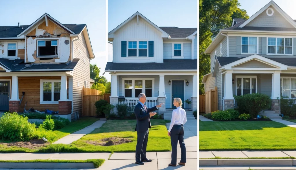 Drei nebeneinander stehende Häuser in unterschiedlichem Zustand mit einem Immobilienmakler und einem Paar, die über die Verkaufsstrategie sprechen.