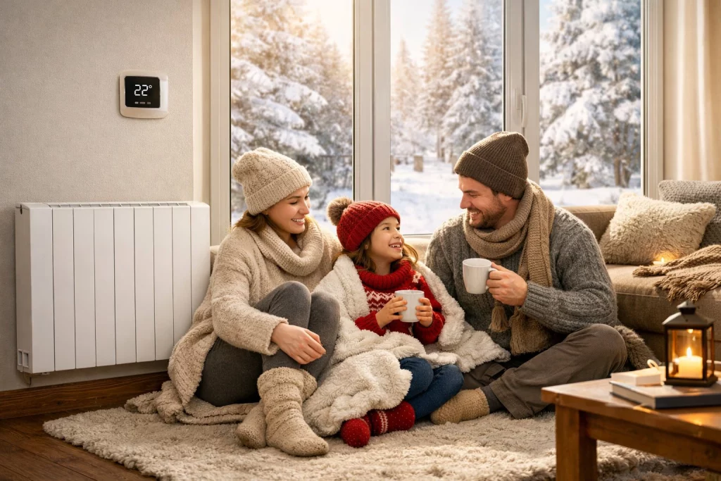 Eine Familie sitzt in einem gemütlichen Wohnzimmer mit moderner Heizung und großen Fenstern, draußen liegt Schnee.