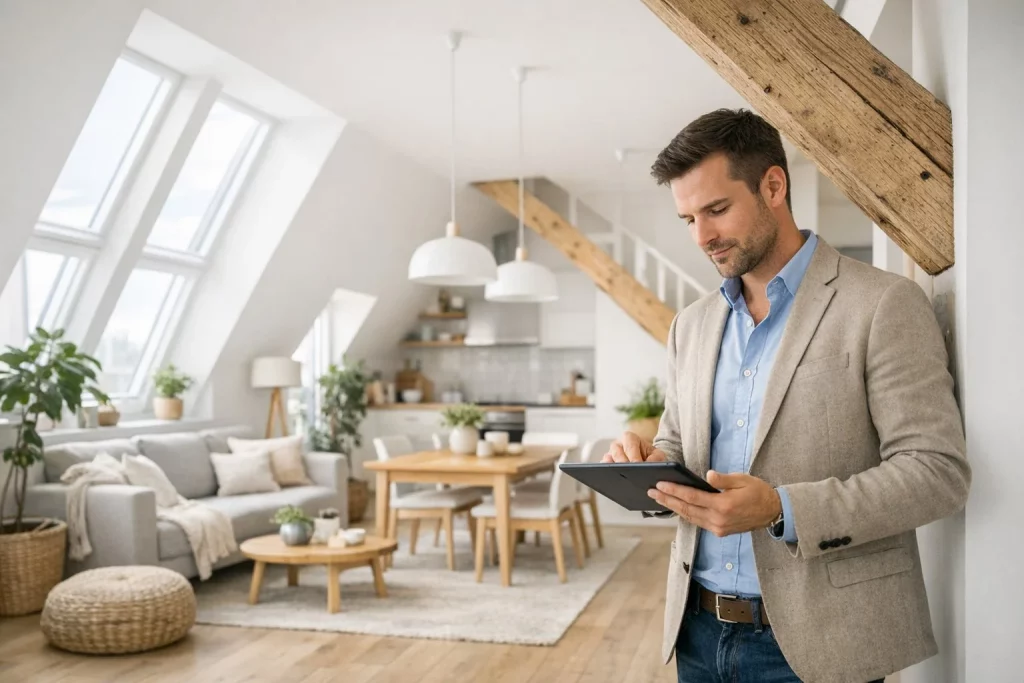 Ein wunderschönes Dachgeschoss einer Maisonette Wohnung mit skandinavischer Inneneinrichtung. Es soll ein Architekt vor Ort sein, der die Genehmigungsfähigkeit überprüft