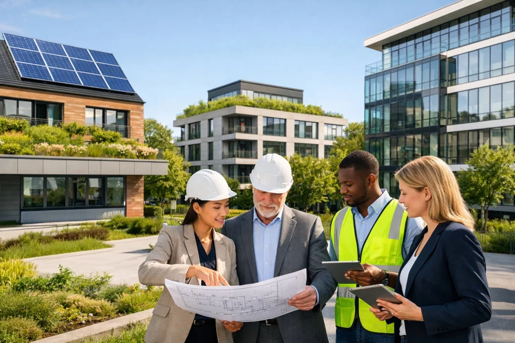 Moderne Gebäude mit Solarpaneelen und grünen Dächern, Menschen besprechen Pläne im Freien.