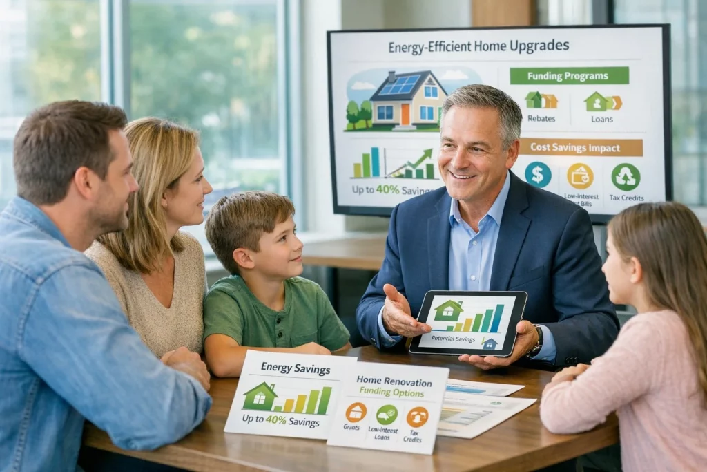 Ein Bankberater erklärt einer Familie die neuen Förderbedingungen für energetische Sanierungen an Immobilien im Jahr 2026. 