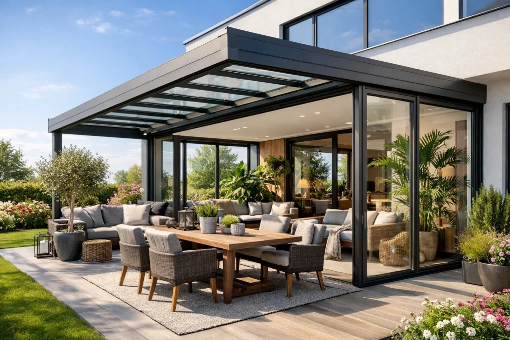 Moderner Außenbereich mit Terrassenüberdachung und Wintergarten, umgeben von Pflanzen und Gartenmöbeln.