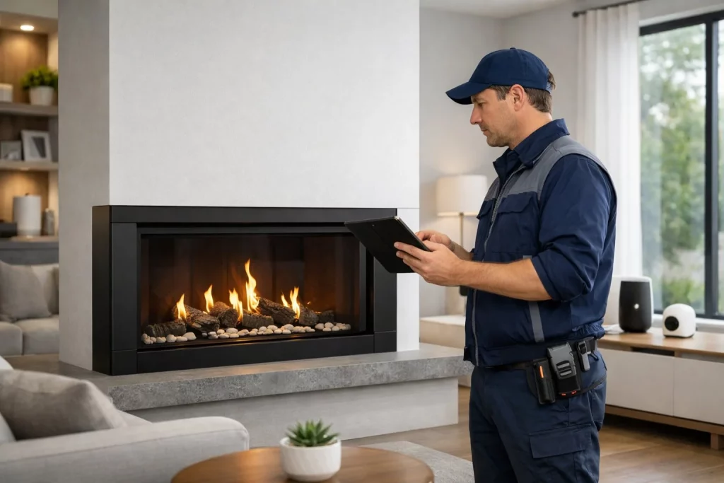 Ein Techniker überprüft einen modernen, neu eingebauten Kamin in einem hellen Wohnzimmer.