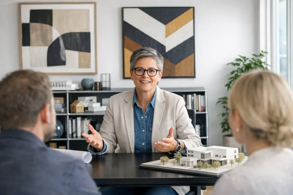 Fragerunde an einen Architekten in einem modern eingerichteten Büro mit Kunst und USM Regal im Hintergrund