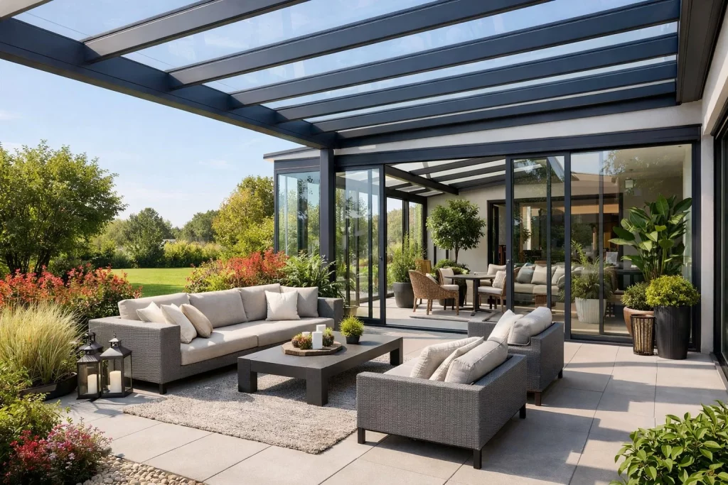 Moderner Außenbereich mit Terrassenüberdachung und Wintergarten an einem sonnigen Tag.