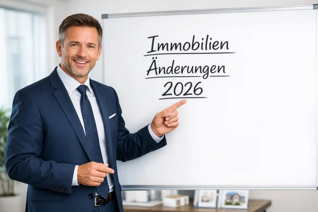 Ein Immobilienmakler steht vor einem Whiteboard und erklärt "Immobilien Änderungen 2026".