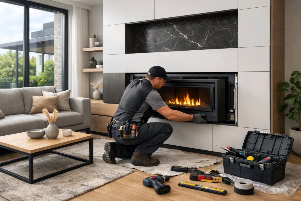 Kamin einbauen in 2026: Ein Techniker baut einen modernen Kamin in einem Wohnzimmer ein.