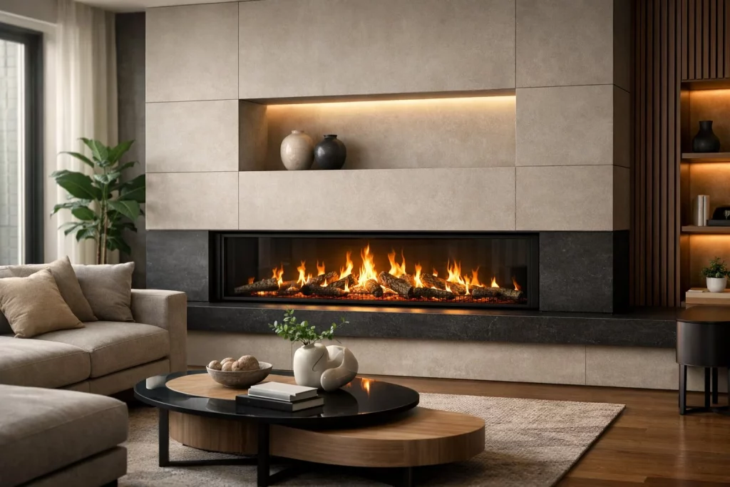 Moderner Wohnraum mit einem eingebauten Kamin, der Wärme und Gemütlichkeit ausstrahlt.