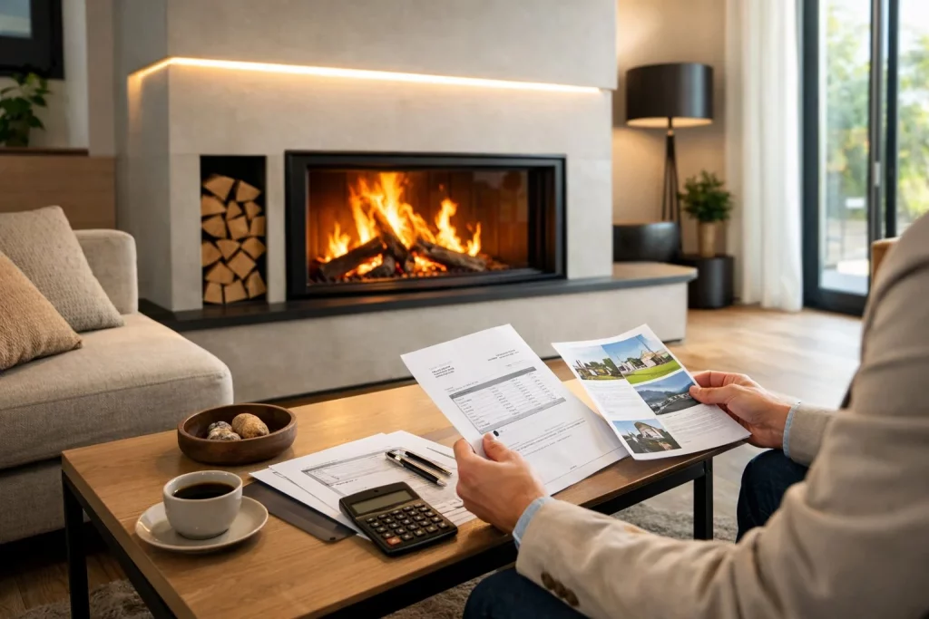 Ein moderner Wohnraum mit einem neu eingebauten Kamin und einer Person, die Dokumente überprüft.