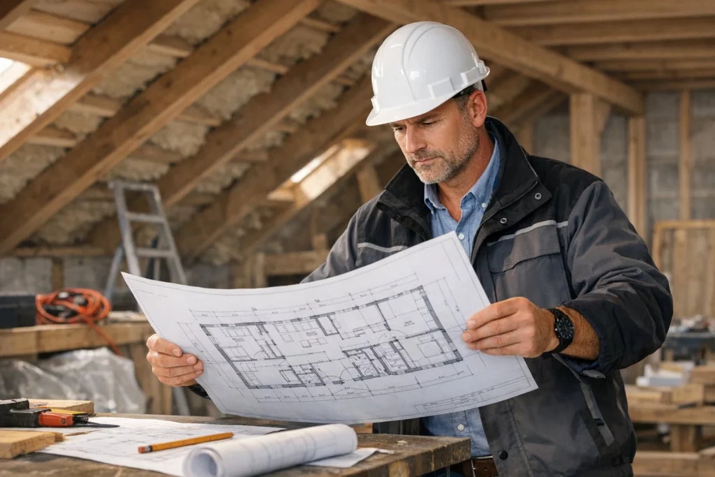 Innenansicht eines Dachausbaus in Arbeit mit einem Bauplan auf einem Tisch und einem Handwerker, der die Pläne prüft.