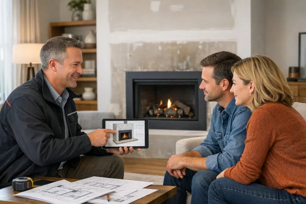 Moderner Wohnraum mit einem eingebauten Kamin, der Wärme und Gemütlichkeit ausstrahlt.