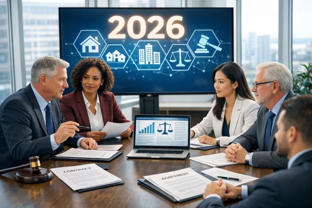 Eine Gruppe von Menschen spricht vor einem modernen Wohngebäude über Miet- und Vermietungsthemen und Änderungen im Jahr 2026.