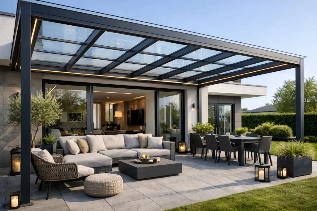 Eine moderne Terrasse mit Glasüberdachung und stilvollen Möbeln vor einem zeitgenössischen Haus im Garten.