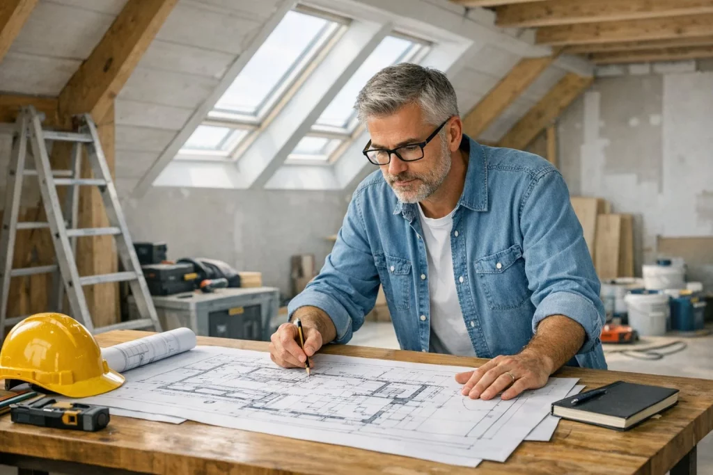 Ein Haus mit Dachausbauarbeiten, ein Bauinspektor prüft Pläne, während ein Hausbesitzer mit einem Rechtsberater spricht.