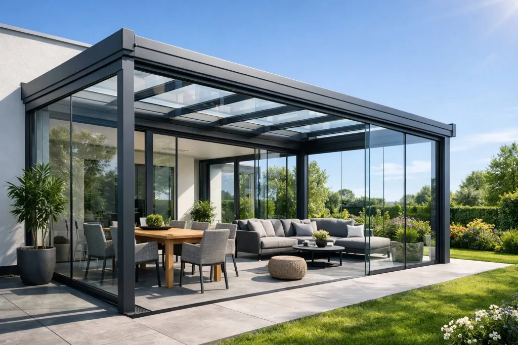 Moderne Terrassenüberdachung oder Wintergarten 2026 mit Glasüberdachung und Garten an einem sonnigen Tag.